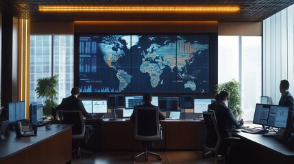 A global finance team analyzing international stock markets in a sleek office space, large screens displaying real-time data