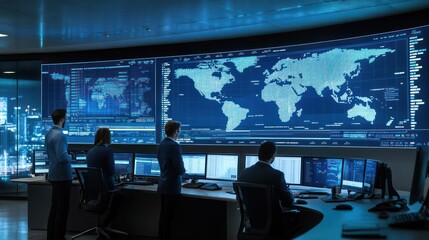 A global finance team analyzing international stock markets in a sleek office space, large screens displaying real-time data