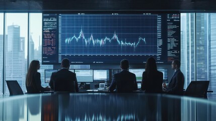 A global finance team analyzing international stock markets in a sleek office space, large screens displaying real-time data