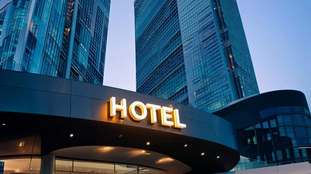 A sleek hotel entrance with glowing signage, set against towering glass skyscrapers, showcasing modern architecture and urban luxury.

