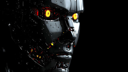 Fototapeta premium The Mechanical Face of a Robot, a Close-Up View of Its Glowing Eyes and Intricate Details