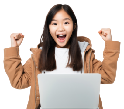 PNG Excited young asian girl with laptop computer adult white background.