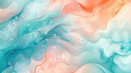 Fototapeta premium Fluid wave patterns in turquoise and coral, blending in an abstract ocean-inspired background, with soft gradients and swirling forms.