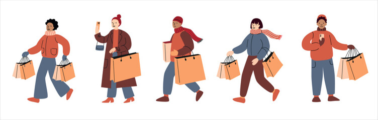 Group of people in winter clothes carrying shopping bags. Winter and Christmas shopping time. Shoppers in cozy winter outfits.