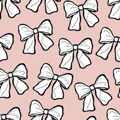 White ribbon bows on pink background. Hand drawn bows patterns. Gift wrapping. Coquette aesthetic.