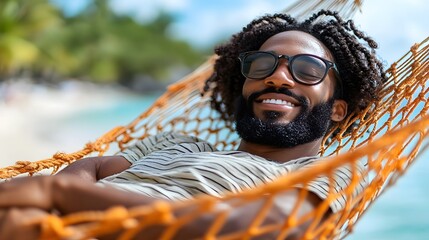 Black solo traveler enjoying a quiet nap in a hammock on a secluded beach, finding peace and tranquility