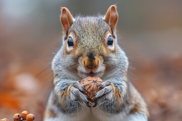 Obraz premium Squirrel holding a nut, depicting wildlife in natural settings