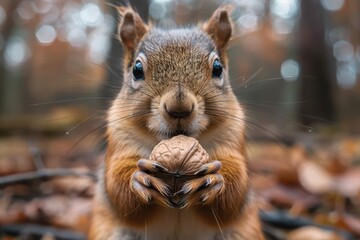 Squirrel holding a nut, depicting wildlife in natural settings