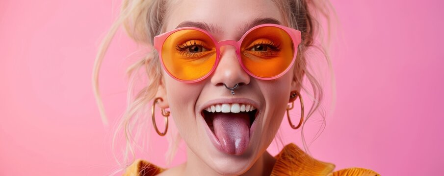 Stylish woman making a bold fashion statement with colorful sunglasses and piercings. Free copy space for banner.