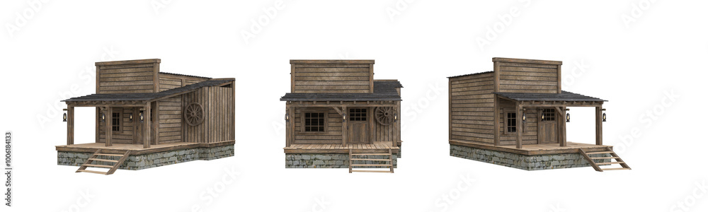 Poster old wild western wooden house. set of 3 isolated 3d renders with different angles.