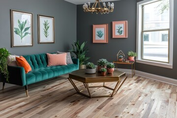 A chic living room with birch flooring, steel gray walls, and a teal sofa A hexagonal bronze coffee table, peach frames, and succulents A vintage brass chandelier