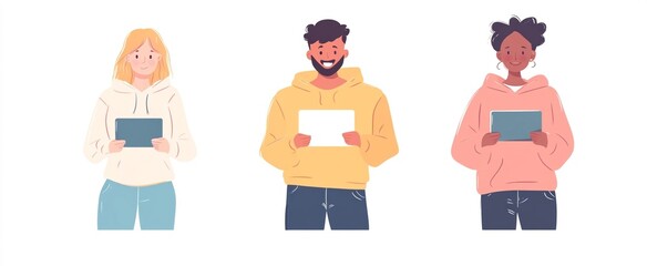 Illustrations of individuals holding the tablets. Characters with tablets in hand, featuring both men and women holding devices, surfing the internet, and chatting.