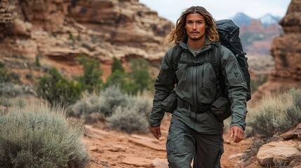 Naklejka premium Black solo adventurer trekking through rocky canyon landscapes, embracing outdoor exploration and adventure