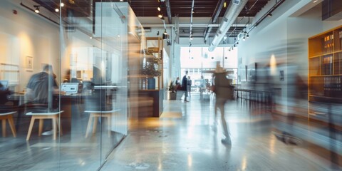  a collaborative workspace, with ghostly images of workers moving around