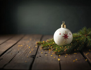 christmas bauble decoration with red star symbol on it on wooden table with green branches