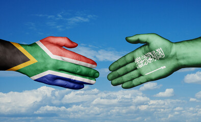 South Africa and Saudi Arabia country handshaking with flags, consensus concept international co-operation illustration