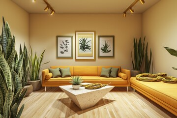 A cozy living room with birch flooring, vanilla walls, and a saffron yellow sofa A triangular limestone coffee table, sage frames, and a cluster of snake plants A modern gold track light