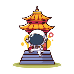 cute astronaut with chinese temple and stairs  illustration graphic design