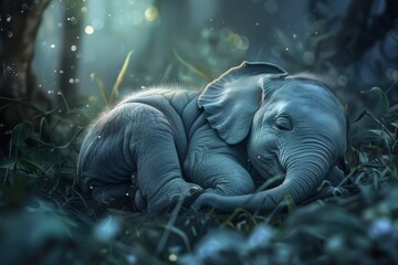 A baby elephant is sleeping in the grass. The image has a calm and peaceful mood, as the baby elephant is resting in a natural setting