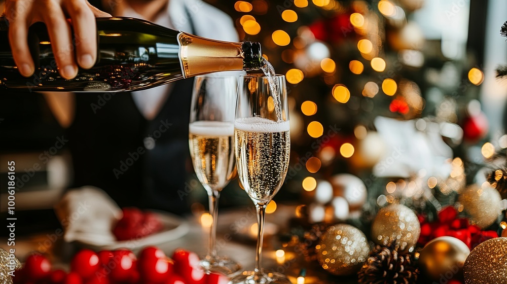 Wall mural a festive scene featuring champagne being poured into glasses, surrounded by holiday decorations and