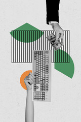 Vertical photo collage of hands hold electronic keypad wireless tool cash dollar payment purchase...