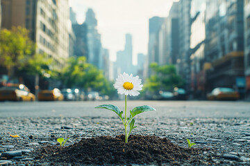 A single white daisy grows through cracks in the asphalt of a busy city street with tall buildings in the background
