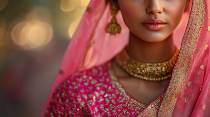 Fototapeta premium An Indian woman in a vibrant pink and gold saree, captured in sharp detail as she adorns traditional jewelry and accessories