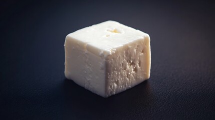 Single Feta cheese cube with clean edges and creamy texture, illuminated in a pitch-black environment. Gentle lighting from above, soft shadows, minimalist style, isolated subject, high contrast,