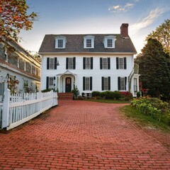 Classic white clapboard house with the red brick sidewalk.