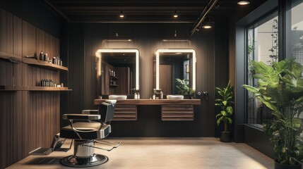 A small business barbershop with a barber styling a customer's hair, modern interior with sleek decor and professional tools