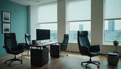Fototapeta premium Meeting room with tables and chairs and large glass windows with views of the city skyscrapers 5