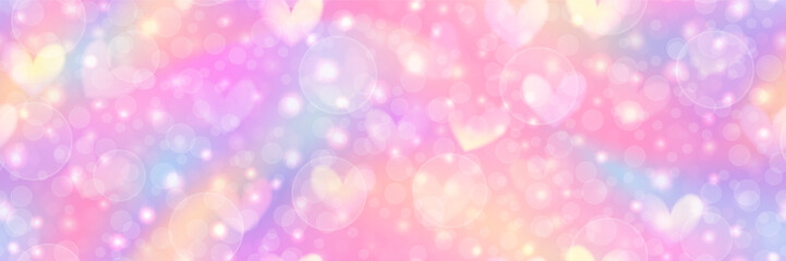 Adorable sweet unicorn bg with a seamless pattern of hearts and bubbles. Pastel candy sky with pink rainbow. Gradient mermaid background. Vector abstract illustration © Kusandra