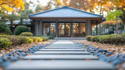 Obraz premium Stone Path Leading to Modern House in Autumn