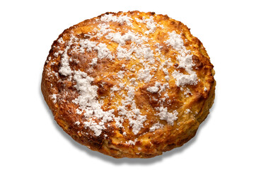 Homemade apple sponge cake covered with powdered sugar, isolated