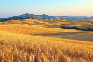 Obraz premium A detailed close-up panoramic view of golden wheat fields gently swaying in the breeze under a clear azure sky during a vibrant sunset. Warm sunlight casts a golden glow over the landscape.