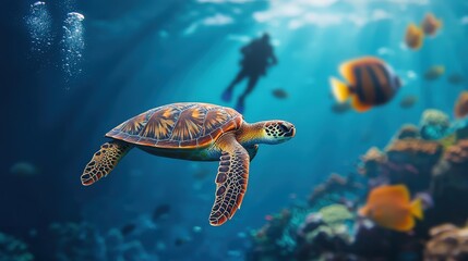 Obraz premium Colorful Turtle Swimming in Vibrant Ocean Scene