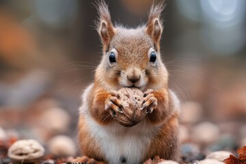 Obraz premium Squirrel holding a nut, depicting wildlife in natural settings