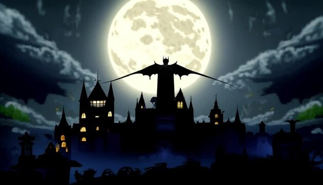 Vampire Transforms into Bat at Midnight, Soaring Over Graveyards and Ruins Under Moonlight. Eerie Halloween Night with Supernatural Patterns.