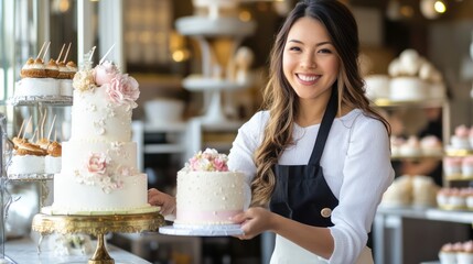A small business boutique bakery offering custom cakes, owner designing a wedding cake, elegant and inviting space