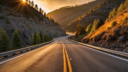 Scenic highway golden sunset casting