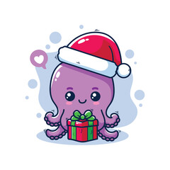 Cute octopus in santa hat with gift box. Vector illustration.