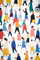 Vibrant illustration showing a diverse group of people walking, wearing different colors, depicting social interaction and multicultural community, with a modern and minimalistic design.