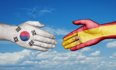 Spain and South Korea country handshaking with flags, consensus concept international co-operation illustration