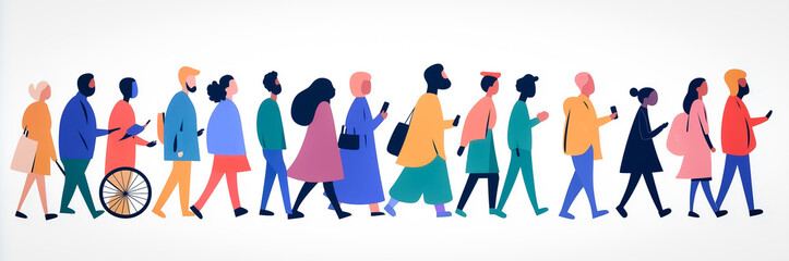 Abstract illustration of people of various ages and backgrounds walking, symbolizing community, diversity, and social connection, with each figure simplified to emphasize inclusion.