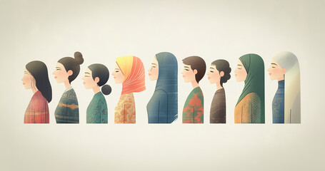 Horizontal lineup of diverse women illustrated in traditional attire. Highlights cultural diversity, female strength, and equality. The muted color palette complements editorial content.