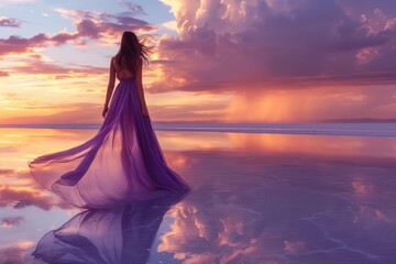Elegant woman in a flowing dress walking on a salt lake at sunset.