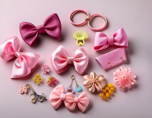 A stylish set of baby girl hair accessories including bows, clips, pins, and elastics
