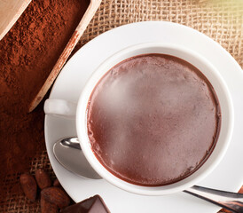 Steaming cup of hot chocolate with cocoa powder and beans