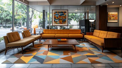 A preserved 1960s living room with vibrant orange and mustard yellow furniture, a bold geometric patterned rug, and iconic mid-century modern coffee table, showcasing the retro style of the era