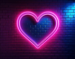 Neon heart with a glow on the background of a dark brick wall. Neon sign pink and blue. Created with Generative AI technology.